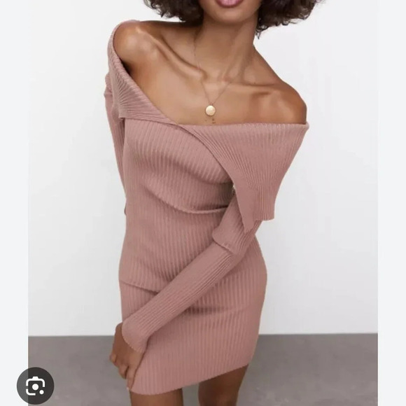 Zara Ribbed Knit Off Shoulder Long Sleeve Mini Dress NWT Mauve Size Small - Picture 2 of 7